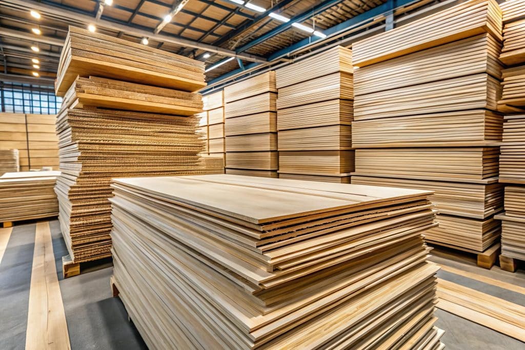 Листы фанеры на складе