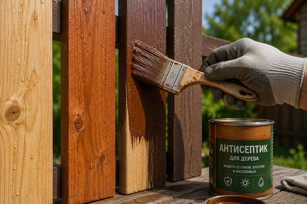 Нанесение краски кистью на деревянную заборную доску