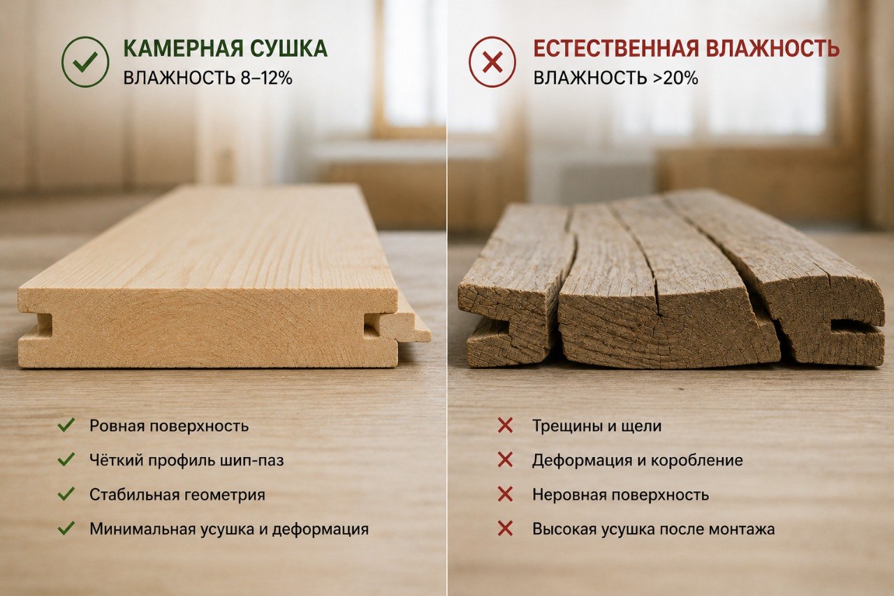 Ссравнение досок камерной сушки и естественной влажности