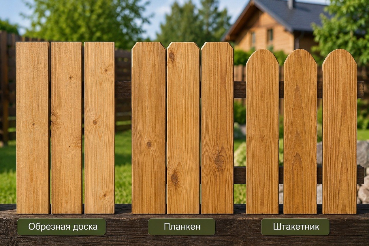Три типа деревянных досок для забора рядом обрезная, планкен и штакетник