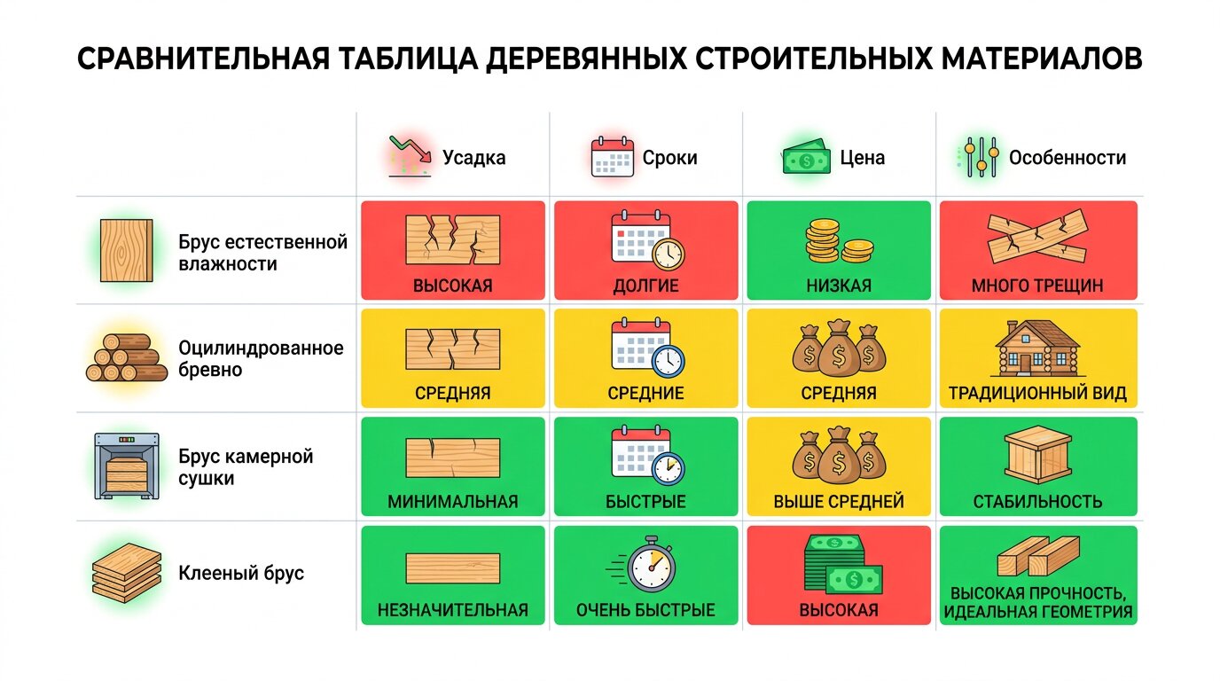 Таблица сравнения срубов из бруса и бревна по усадке, цене и срокам