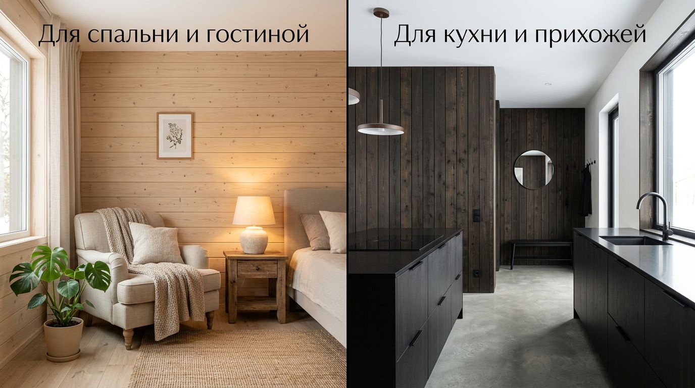 Отделка деревом в спальне и на кухне: сравнение зон